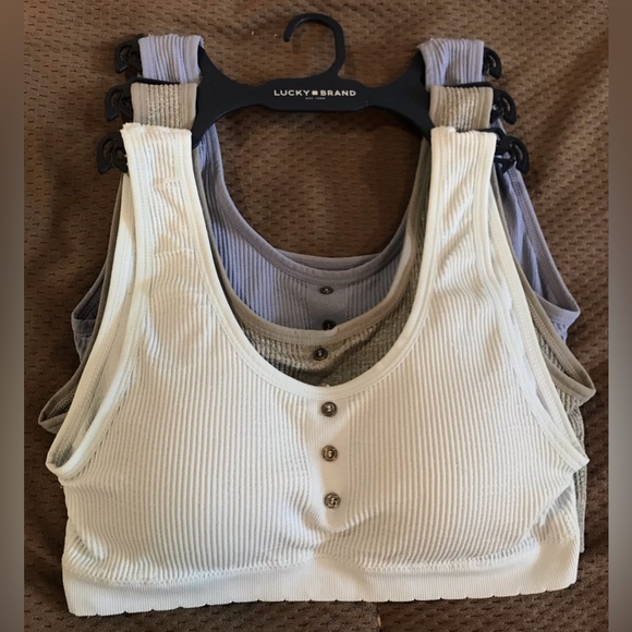 Lucky Brand Other - NWT Lucky Brand Scalloped Trim Neutral Grey & Blues Buttoned Bralette Trio - L